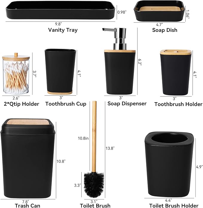 XLHOMO Bathroom Set Black Bathroom Trash Can, 9 Piece Bathroom Decor Toothbrush Holder, Cup, Lotion Dispenser, Tray, Soap Dish, Toilet Brush, Qtip Holder