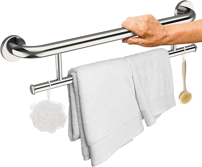 Polished Chrome Grab Bar 24 Inch w/Towel Holder, iHansee Stainless Steel Towel Rack Shower Support Balanced Support Handle, Wall Mount Safety Handrail Grab Rail for Elderly Senior Handicap Disabled