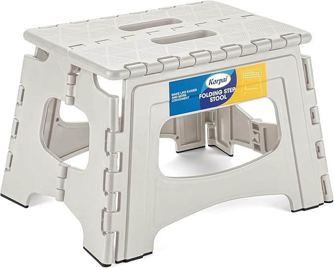 Korpai Upgrade 9" Folding Step Stool for Adults and Kids Holds Up to 300 lbs,Non-Slip Folding Stools with Portable Handle, Compact Plastic Foldable Step Stool for Bathroom,Kitchen,Cool Grey,1PC