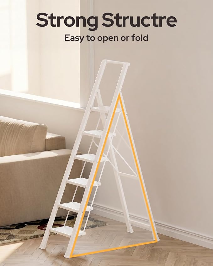 6 Step Ladder for 12 Feet High Ceiling, Lightweight Aluminum Folding Step Stool with Convenient Handgrip, Stepladders with Anti-Slip and Wide Pedal for Home Use Space Saving - White