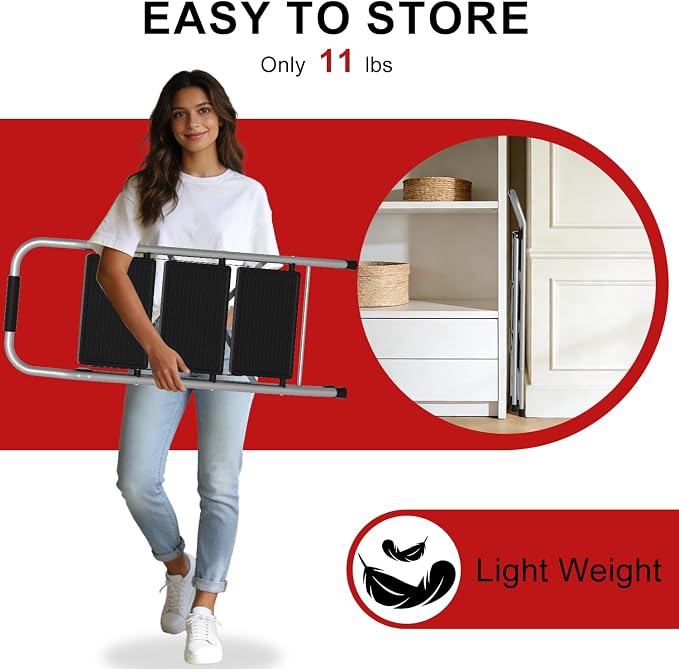 3 Step Ladder for Kitchen Step Stool, Lightweight Folding Step Stool with Curved Safety Handrail, Auto-Lock Mechanism & Non-Slip Wide Pedals, Slim&Foldable for Home Indoor（Sliver）