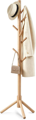 Wooden Coat Rack Freestanding with 8 Hooks & 3 Adjustable Sizes for Clothes, Space-Saving Design for Bedroom Office Entrance Holds Hats Coats Scarves Bags