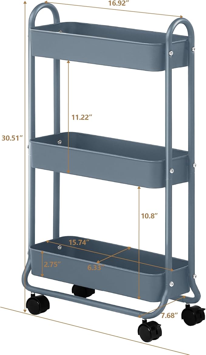 SunnyPoint Slim Rolling Storage Cart, 3 Tier Bathroom Storage Organizer Bathroom, Laundry Utility Cart (Blue)