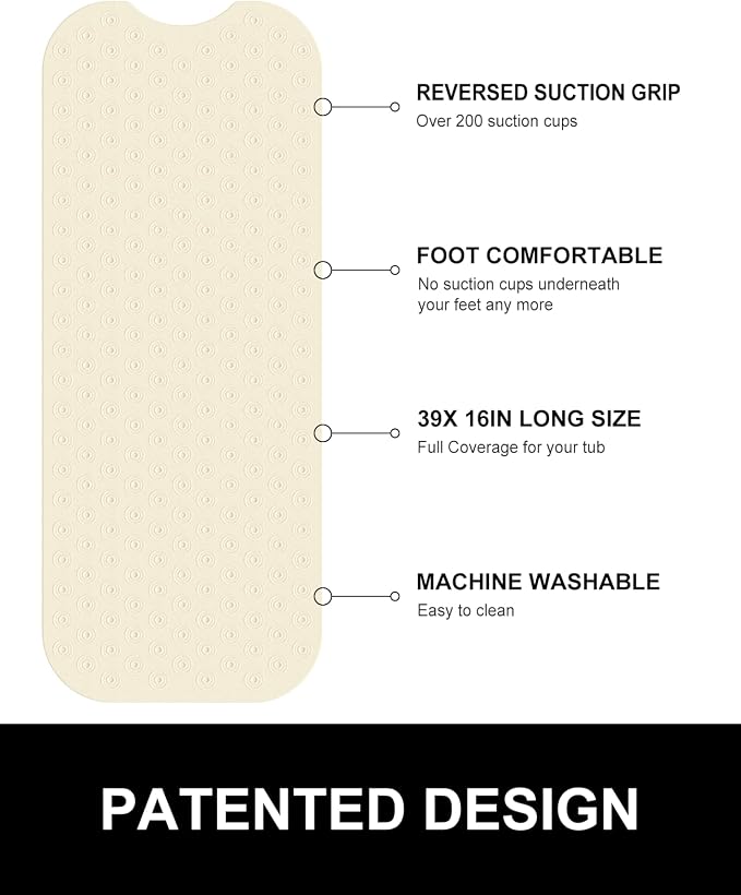 OTHWAY No Suction Cup Bath Mat: 39x16 inch Extra Long Bathmat│Perfect for Refinished or Ordinary Bath Tubs│Made of Nature Rubber│a Blessing for the Elderly and Children (Beige)