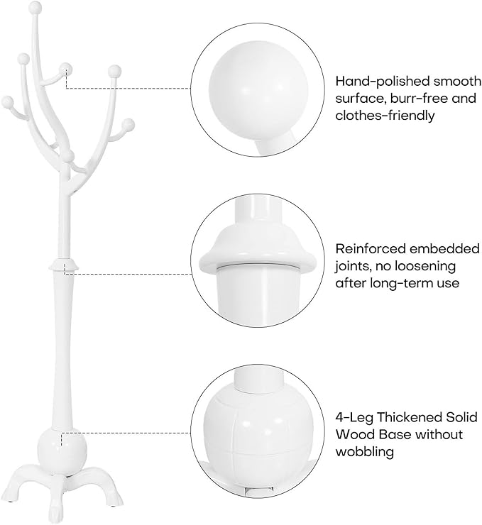 Bekrvio Coat Rack, Solid Wood Coat Racks Stand, Free Standing Coat Rack Coat Hanger with Hooks for Jaceket, Winter Coats, Entryway, Hallway, Bedroom - Load 160lbs (White)