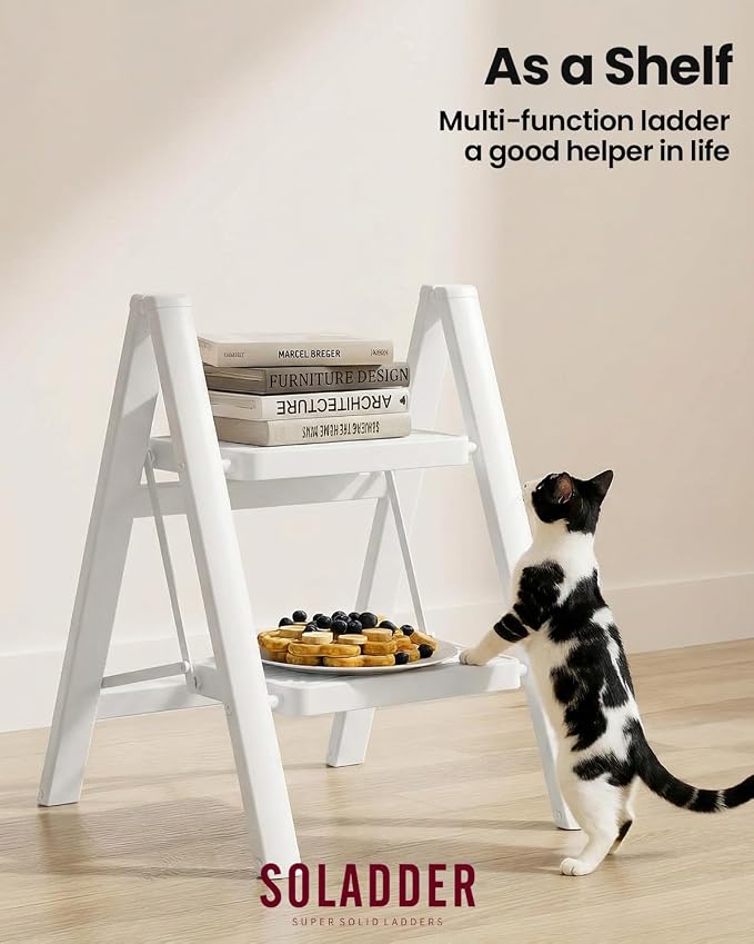 SOLADDER Step Stool, 2 Step Ladder with Anti-Slip and Wide Pedal, Portable Iron Foldable Stepladder for Home and Kitchen, 300lbs - White