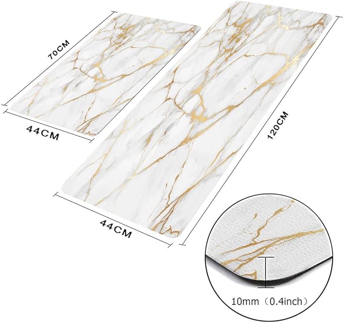 Mrcrypos Gold White Kitchen Rugs Cushioned Anti Fatigue 2 PCS Marble Kitchen Mats PVC Non Slip Waterproof Kitchen Mats for Floor Sink Laundry Office