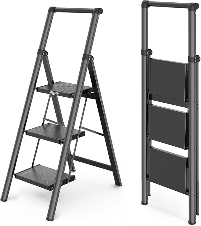 WOA WOA 3 Step Ladder, Ladders for Home, Anti-Slip Pedals, Aluminum Step Stool Foldable, Lightweight to Move, Ease of Storage, Reach 8ft for Closet Kitchen Library, Hold 300lbs - Black