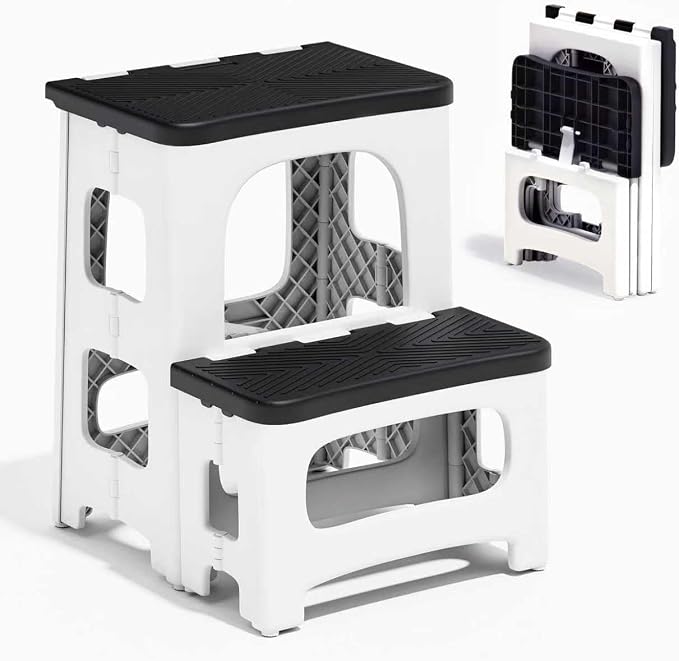 2 Step Stool Foldable, Non-Slip Steps, Folding Step Stool for Adults & Kids, Plastic Stool Pool Ladder, Collapsible Stools 2 Step Ladder for Kitchen Toilet Bedroom Office RV, Holds 330 lbs