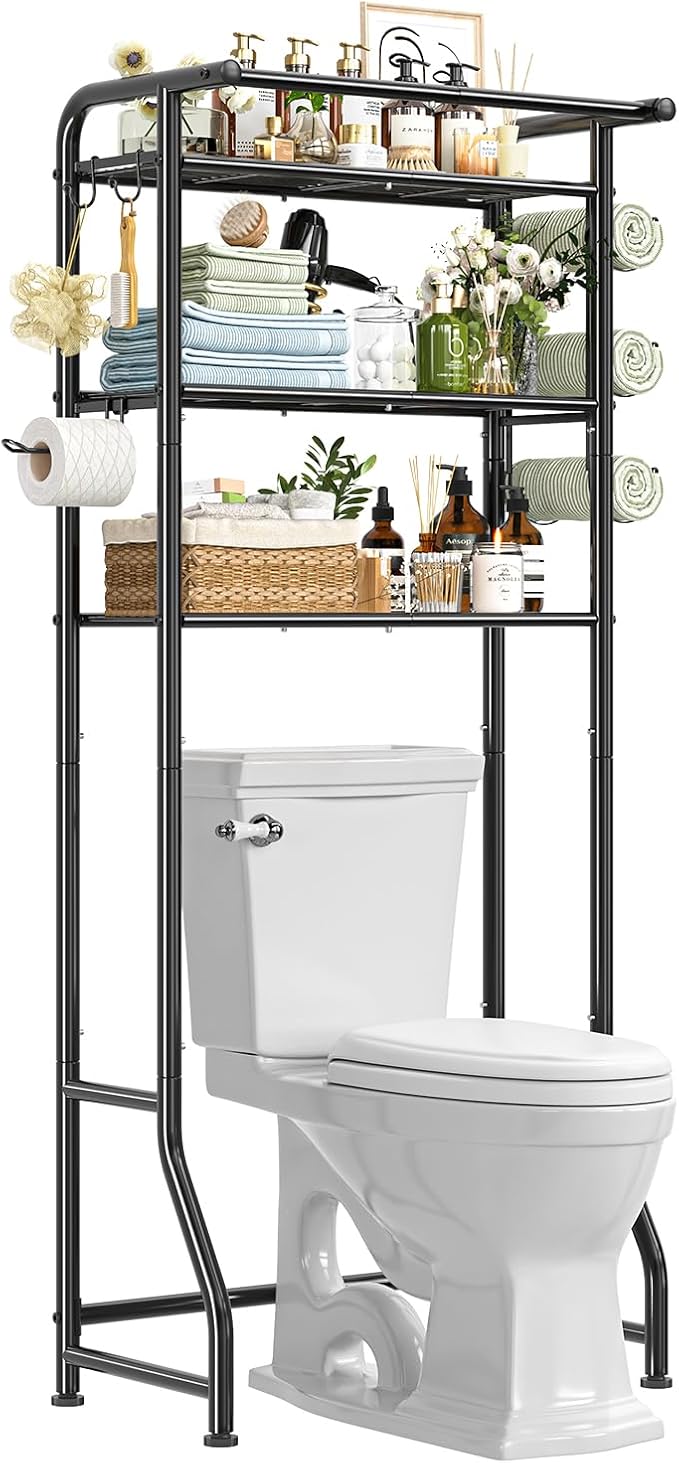 Simple Trending Over The Toilet Storage Cabinet, Metal Bathroom Shelf Organizer with Paper Holder and Hooks, 3 Tier, Black