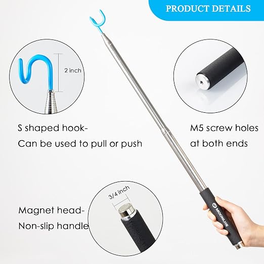 Telescoping Pickup Tool Magnetic Pole with Hook, 10 ft Telescopic Grabber Hook Pole Wire Reacher Tool, Push Pull Rod
