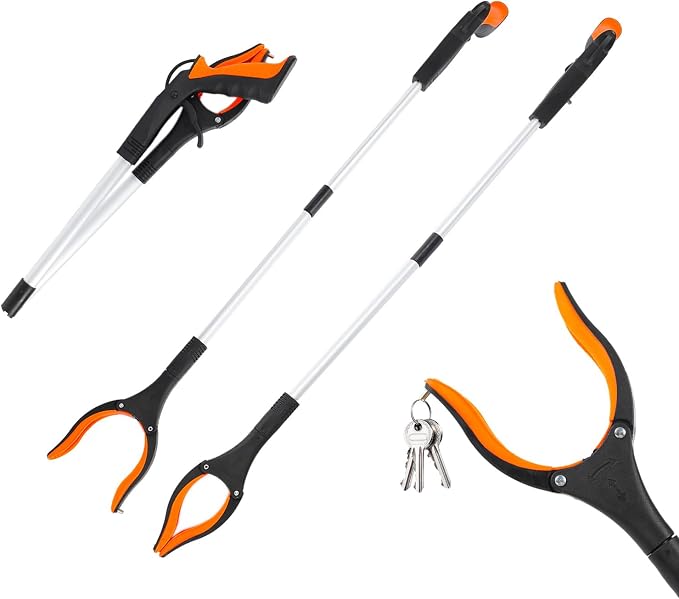 Grabber Reacher Tool, 2 Pack 32" Foldable Lightweight Trash Claw Grabbers for Elderly, 360° Rotating Head Wide Jaw Reaching Tool for Trash, Pick Up Stick (Orange)