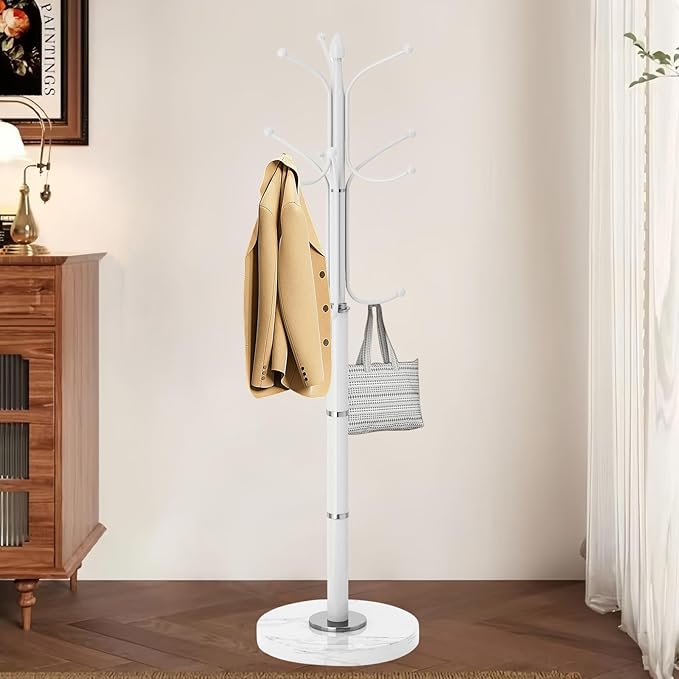 OIRUMIE Coat Rack with Natural Marble Base, Metal Modern Coat Racks Freestanding, Coat Rack Stand with 12 Hooks, Coat Tree Hats Hanger Stand for Entryway, Hallway (12 Hooks-White)