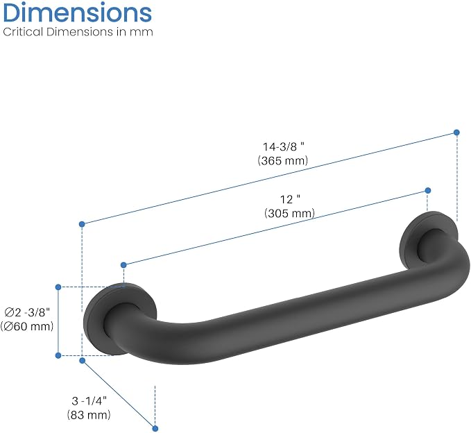 KIBI 12 Inch Stainless Steel Bathroom Safety Grab Bar | Curved Shaped Grab Bar for Bathtubs and Showers, Shower Safety Grab Bars for Seniors, Wall Mounted Anti-Slip Support (Matte Black, KGB1012)