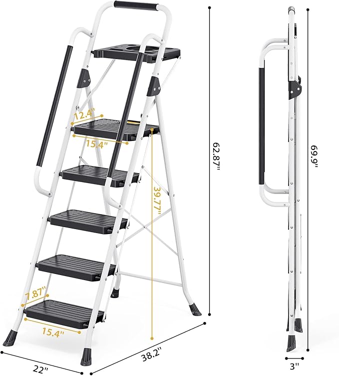 KINGRACK 5 Step Ladder, Folding Step Stool with Comfortable Handrail, Wide Anti-Slip Pedals & Safe-Lock Design, 800lbs Load Capacity, Sturdy Steel Portable Ladder, Perfect for Home and Kitchen, White