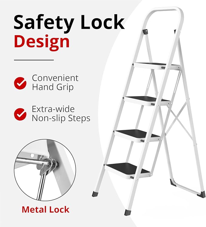 HBTower Step Ladder, Folding Step Stool for Adults with Anti-Slip Pedal, 330 lbs Capacity for Kitchen, Home, White