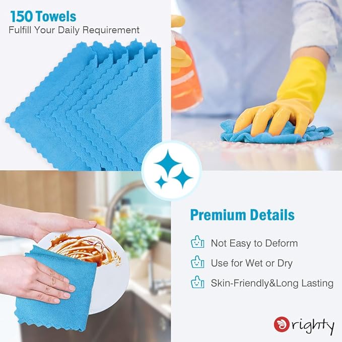 Orighty Cleaning Cloths Bulk, 150 Pack Shop Rags Reusable, Multi-Purpose Shop Towels for Cars, Microfiber Cleaning Rags for Automotive, Mechanic, Kitchen, Lint Free Towels 12x12 Inch, Blue