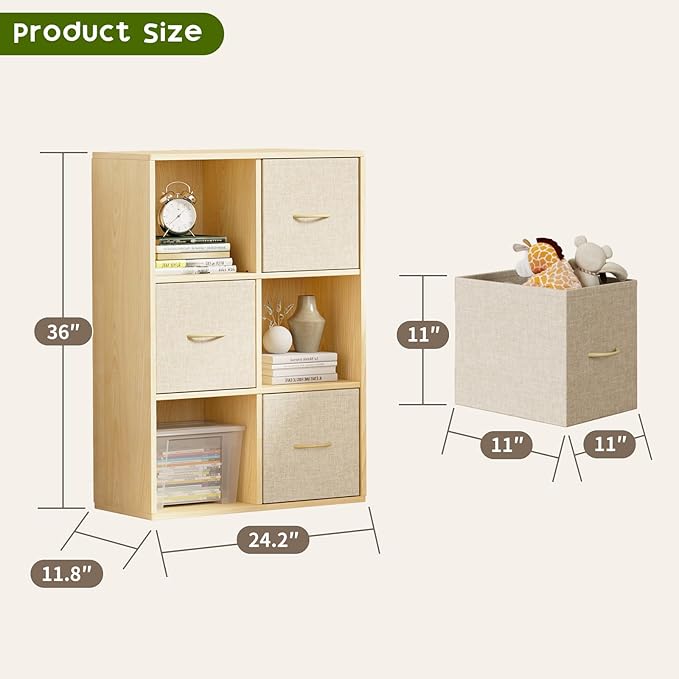 EXPERLAM 6 Cube Storage Organizer - Solid Wood Bookshelf with 3 Storage Bins, Cube Shelf with 2 Removable Back Panels, Vertical or Horizontal Bookcase, Open Book Shelf for Bedroom, Living Room, Office