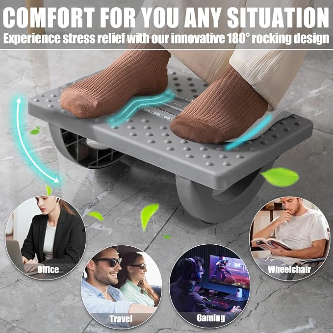 CasaZenith Foot Rest for Under Desk at Work - Ergonomic Foot Stools for Under Office Desk - Rocking Footrest with Roller Massager - Leg Rest for Chair, Computer Gaming -13" L x 9.6" W x 5" H (Gray)