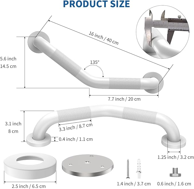 16 Inch Angled Shower Grab Bar White, Munzong 2 Pack Anti Slip Bathroom Grab Bar, Knurled Bathroom Balance Bar,Safety Hand Rail Support Handicap Elderly Injury Senior Assist Bath Handle-1.25” Tube