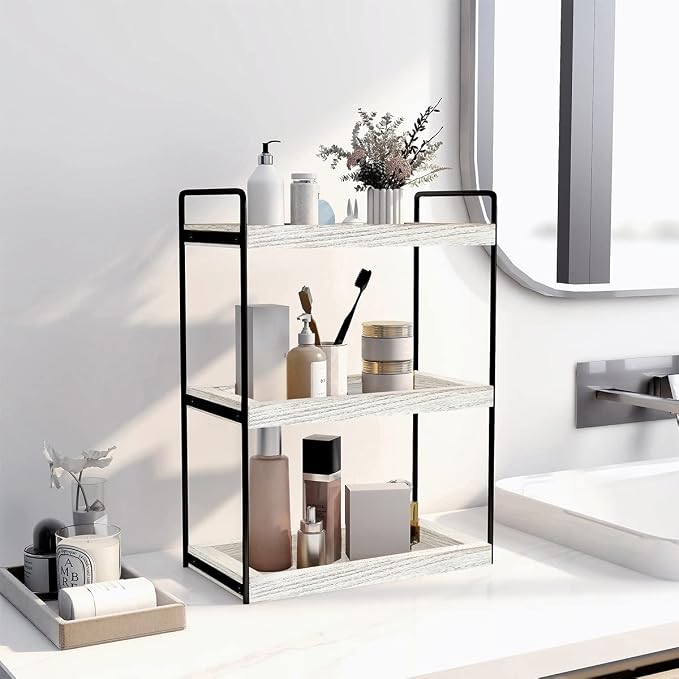Dorhors 3 Tier Bathroom Counter Organizer,Countertop Bathroom Storage Shelf,Counter Tray and Vanity Organizer (Rustic White)