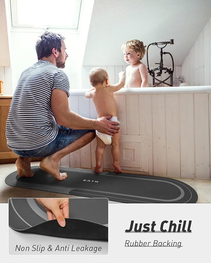 MontVoo Bath Mat Runner - Long Non Slip Absorbent Quick Dry Thin Bath Rug for Bathroom Floor Mat - Rubber Backed - Stain Resistant - Easy Care - Darkgrey 17"x59"