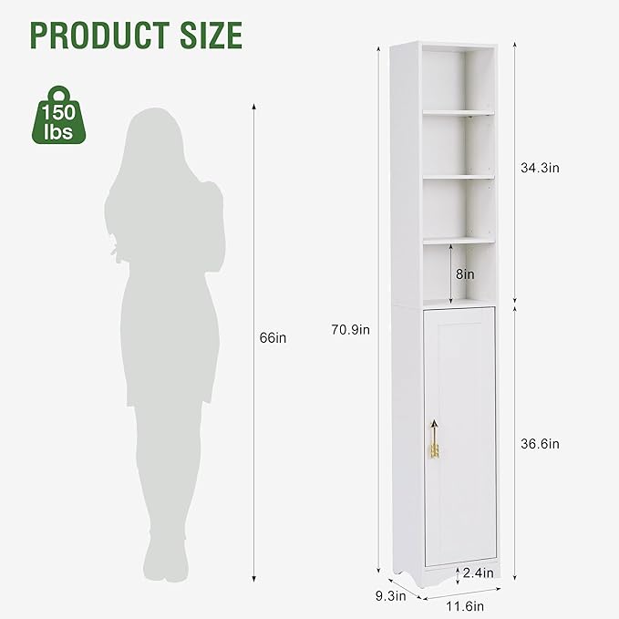 VECELO 71" Tall Narrow Storage Cabinet, Bathroom Storage Slim Freestanding Cabinet with Door & 6 Adjustable Shelves, Anti-Tip Design for Small Space, Kitchen, Living Room, White