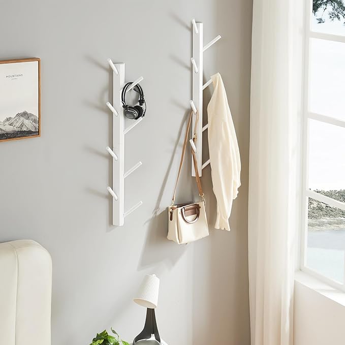 TIOPGHAD 2 Pack Coat Rack Vertical Wall Mount, Bamboo Coats Hooks Clothes Holder Hanger for Wall Coat Hat Jacket Clothing Bathroom Robes Mudroom Entryway(White)