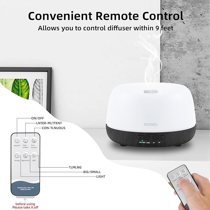 SEEDSEEL 300ML Essential Oil Diffuser with Remote Control, Aromatherapy Diffuser with 7-Color Changing LED Light for Small Rooms, Bedroom, and Home