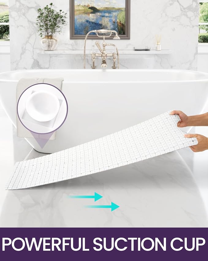 DEXI Bathtub Mat Non Slip, Extra Long 39x16, Suction Cups, Drain Holes, Machine Washable for Tub Shower Floor, White