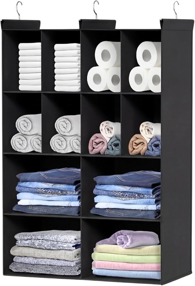 Ofiray-home 4 Tier Hanging Closet Organizer, 12 Compartments Sweater Organizer for Closet with 3 Sturdy Hooks, Closet Organizers and Storage, Wardrobe, Rv, Garment Rack, Black