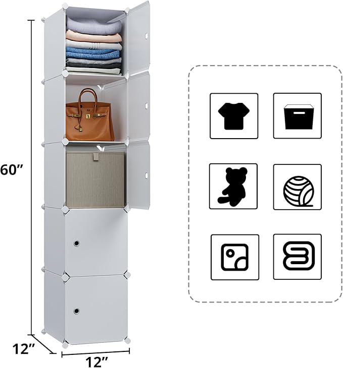 MAGINELS 5 Cube Storage Cabinet, Narrow Clothes Storage with Doors,Tall Plastic Standing Organizer Shelves for Small Spaces,Use to Closet,Bedroom,Livingroom,White(11.8x11.8inch)