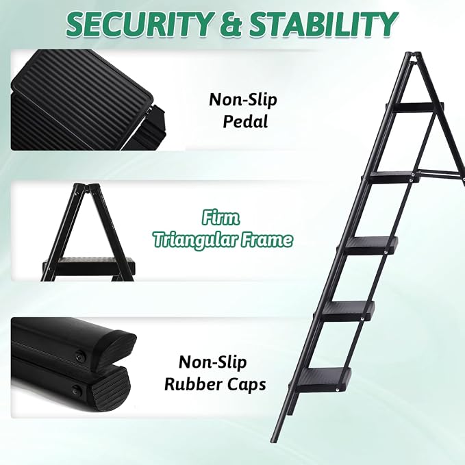 5-Step Folding Ladder for Home Use, Heavy-Duty Step Ladder with Anti-Slip Wide Steps, Portable Foldable Ladder, 330 lbs Load Capacity