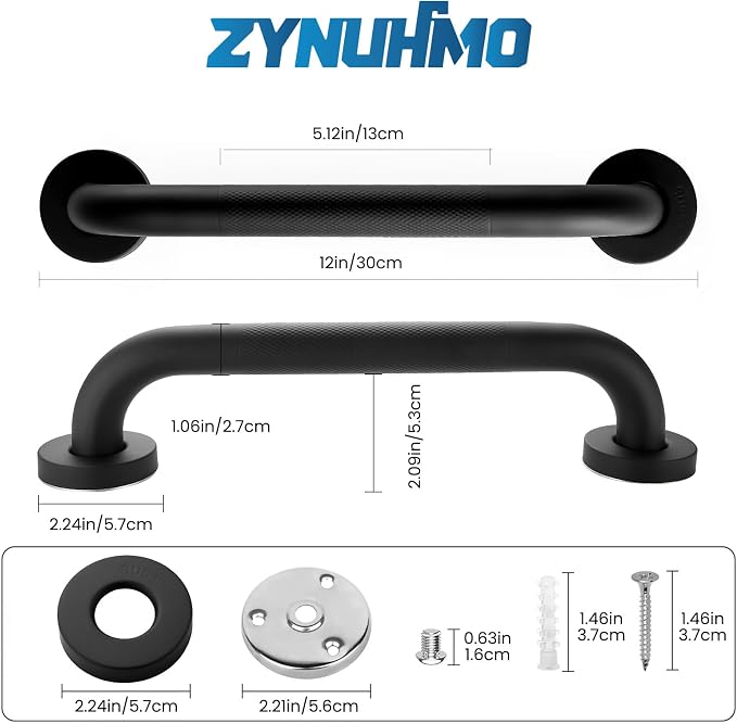 Grab Bars for Shower, Zynuhmo 2 Pack 12 Inch Anti Slip Stainless Steel Bathroom Safety Shower Grab Bar Handrails for Handicap Injury Pregnant Senior Assist Shower Handles(Matte Black, 1" Diameter)