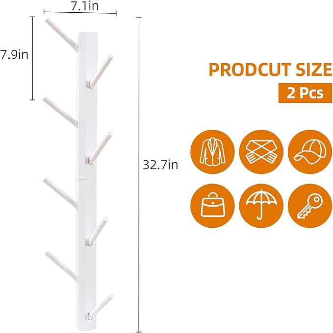 TIOPGHAD 2 Pack Coat Rack Vertical Wall Mount, Bamboo Coats Hooks Clothes Holder Hanger for Wall Coat Hat Jacket Clothing Bathroom Robes Mudroom Entryway(White)