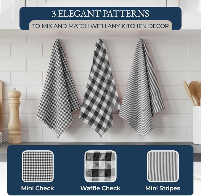 LANE LINEN Kitchen Towels Set 20 Pack - Ultra Soft Cotton Kitchen Hand Towels, Highly Absorbent Dish Cloths, Durable Scrubbers, Flour Sack Tea Towels, Heat Resistant Oven Mitts & Pot Holders - Black