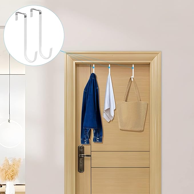 FYY Over the Door Hooks, 6 Pack Upgraded Long Door Hangers Hooks with Rubber Prevent Scratches Heavy Duty Organizer Hooks for Hanging Clothes, Towels, Hats, Coats, Bags White