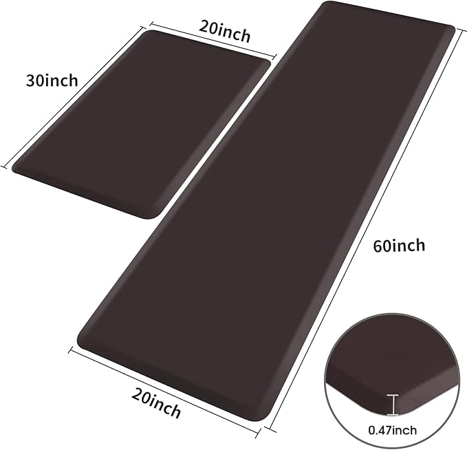 HappyTrends 2 PCS Kitchen Mat Cushioned Anti-Fatigue Floor Mat, Heavy Duty Ergonomic Comfort Foam Standing Mat, 20"x30"+20"x60",Chocolate