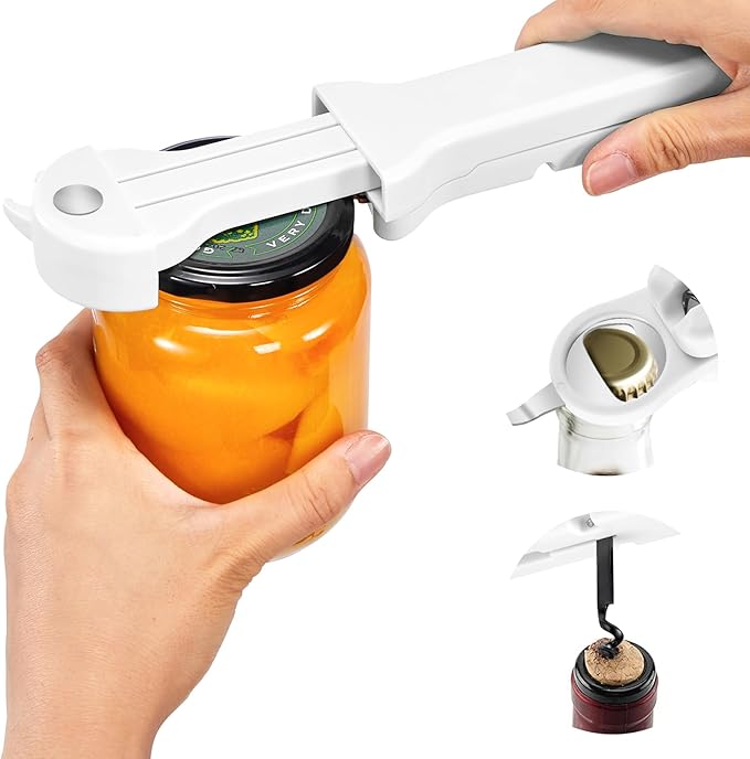 Jar Opener for Seniors with Arthritis, 7 in 1 Bottle Opener and Wine Corkscrew, Easy Grip Kitchen Gadget for Weak Hands Elderly, Retractable Jaw Lid Opener with Magnetic Storage (Off-White)