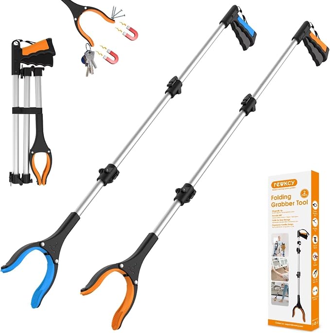 2-Pack 43" Extra Long Grabber Reacher Tool | Foldable Trash Picker Upper Grabber, 360° Rotating Jaw + Magnets, 4" Wide Claw, Heavy Duty, For Seniors