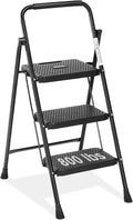 Simple Deluxe 3-Step Ladder, Heavy Duty, 800 lbs, Dark Brown Metal, Ready to Use, Foldable, Space-Saving, Non-Slip, Wide Platform