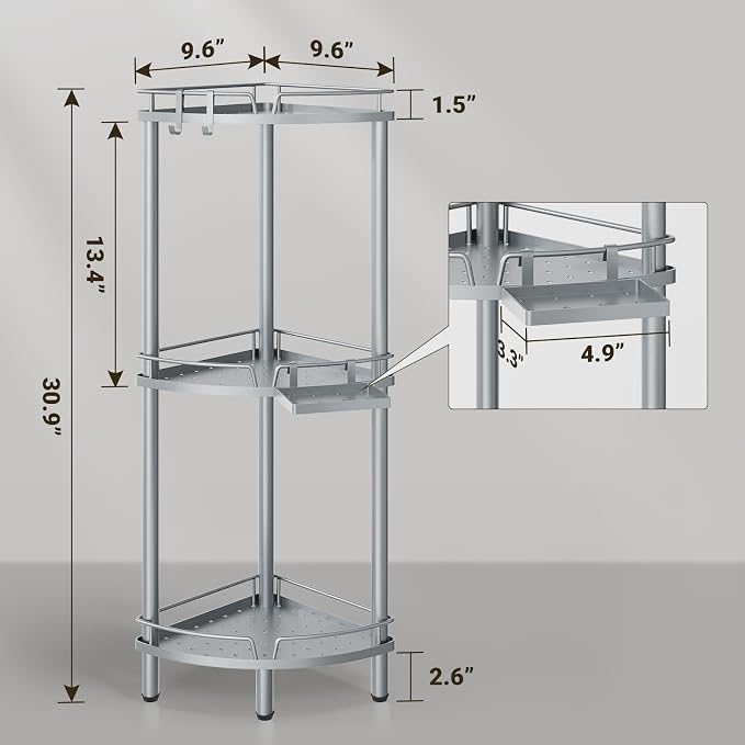 ELYKEN Corner Shower Caddy Standing, 3 Tier Rustproof Metal Shower Organizer with Soap Holder, Floor Shower Corner Shelf Rack Storage Stands with Adjustable Feet & 2 Hooks for Bathroom, Silver