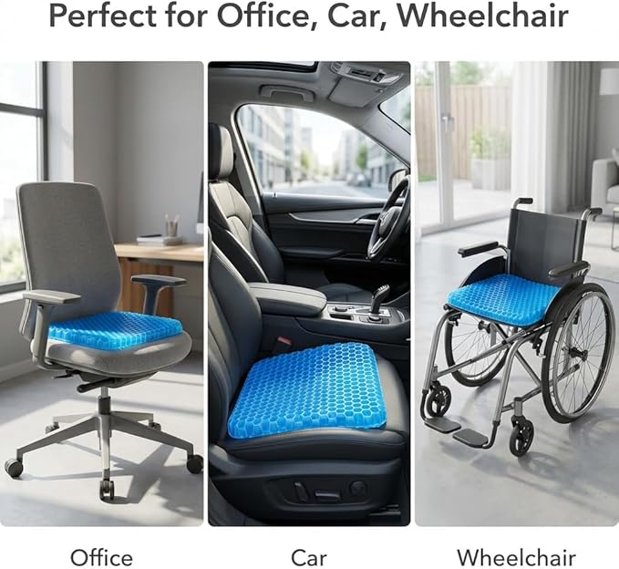 QWORK Gel Seat Cushion, Gel Cushion, Cool & Breathable & Non-Slip for Car, Office, Home, Wheelchair (Blue, 40 x 35 x 3.2 cm)