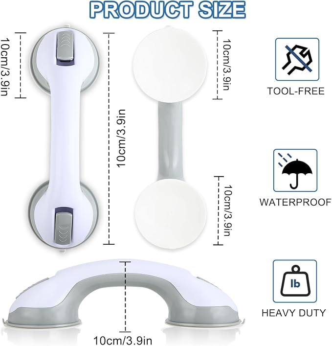 Grab Bars for Bathtubs and Showers, 2 Pack Shower Handle 12 Inch Strong Suction Shower Bar, Safety Bars for Shower Chair, Bathroom Grab Bar for Senior (Gray White)