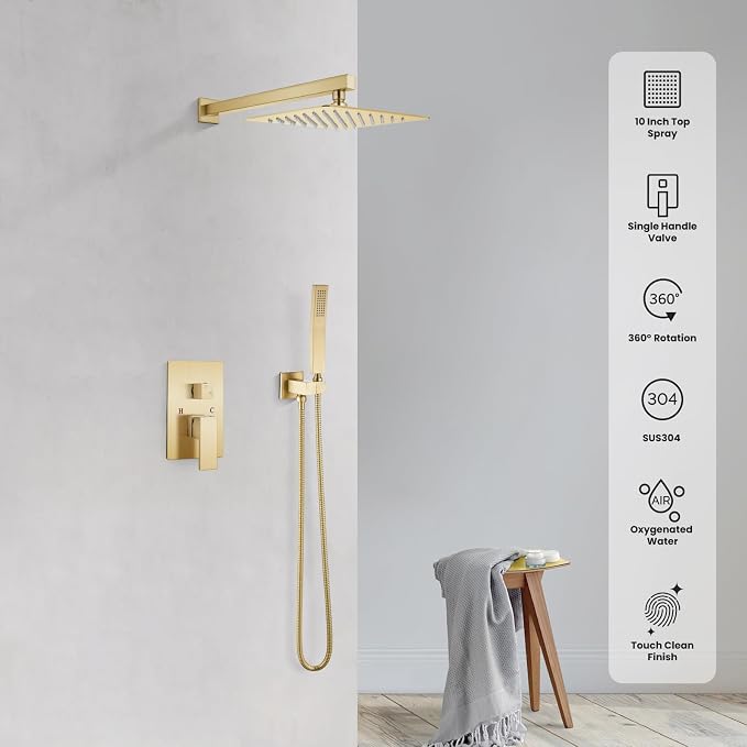 gotonovo Rainfall Bathroom Shower System Rain Shower Head and Handle Set Wall Mounted Shower Complete Combo Solid Brass Pressure Balancing Shower Mixer Valve 10 Inch Brushed Gold