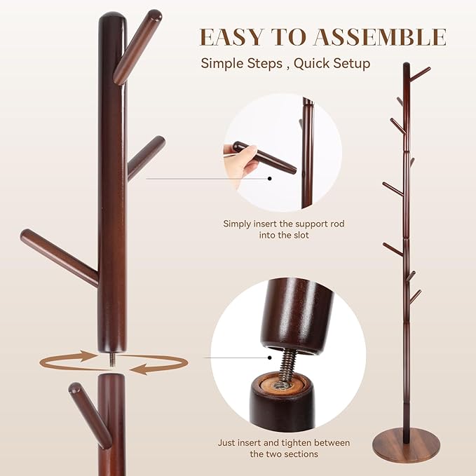 Wooden Coat Rack Freestanding, Corner Bag Purse Coat Hat Rack Tree Hanger Stand Holder Wood Modern Entryway Office Decor Furniture for Small Spaces Standing Heavy Duty Clothes Clothing Rack Hall Tree