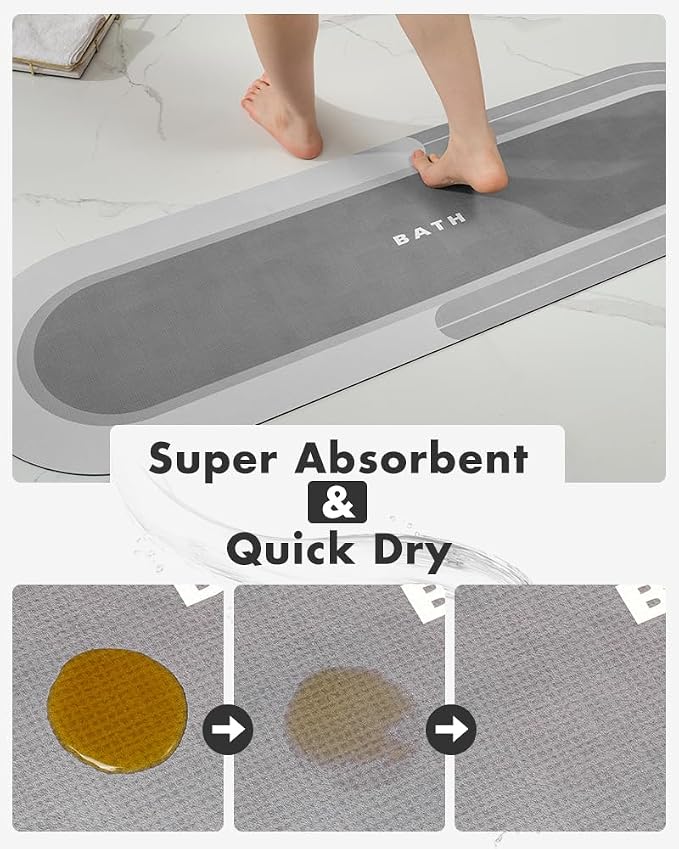 MontVoo Bath Mat Runner - Long Non Slip Absorbent Quick Dry Thin Bath Rug for Bathroom Floor Mat - Rubber Backed - Stain Resistant - Easy Care - Gray 17"x50"