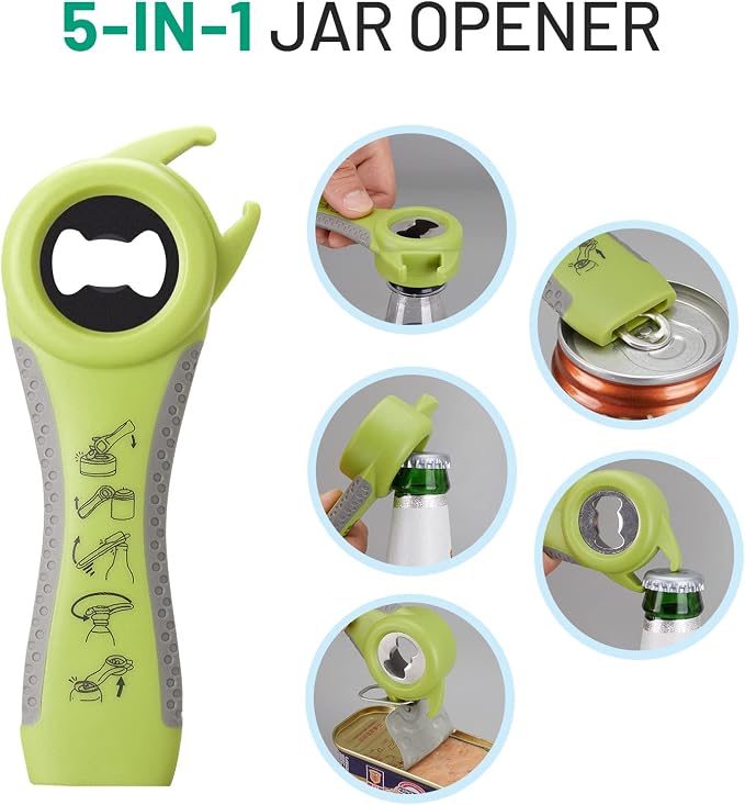Jar Bottle Opener for Weak Hands,4 &5 in 1 Multi Function Non-Slip Can Lid Opener Tools with Silicone Jar Gripper Pad,Suitable for Seniors,Children and Arthritic Hands (Fruit Green)