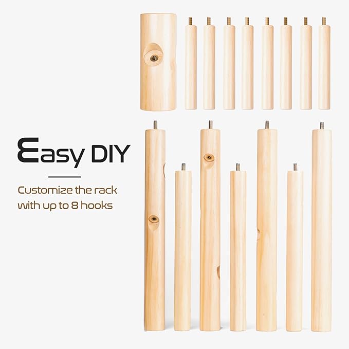 2 PC Wooden Coat Rack Freestanding with 8 Hooks & 3 Adjustable Sizes for Clothes, Space-Saving Design for Bedroom Office Entrance Holds Hats Coats Scarves Bags