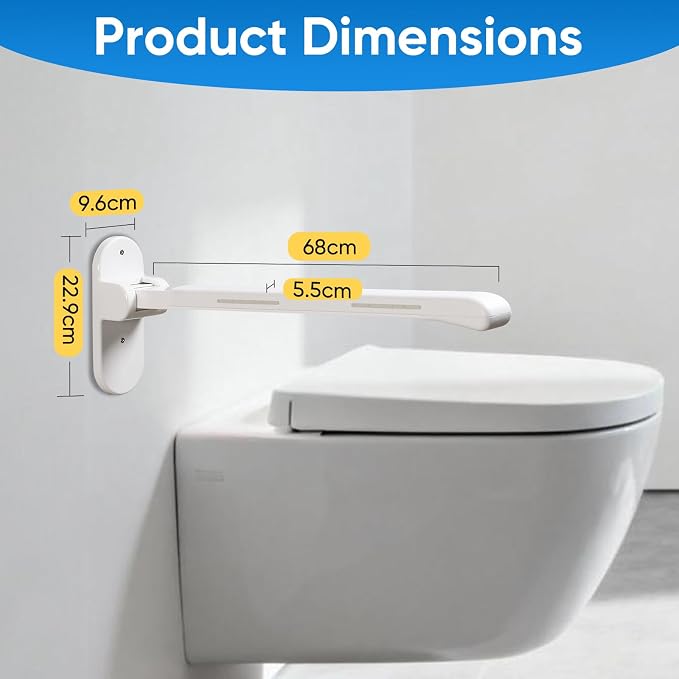 26.8 INCH Flip-Up Toilet Grab Bar, Wall-Mounted Safety Rail for Bathroom, Night Glow Strips on Both Sides, Folding Handrail for Elderly & Disabled
